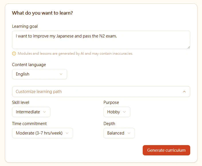 Create topic form with learning goal and options