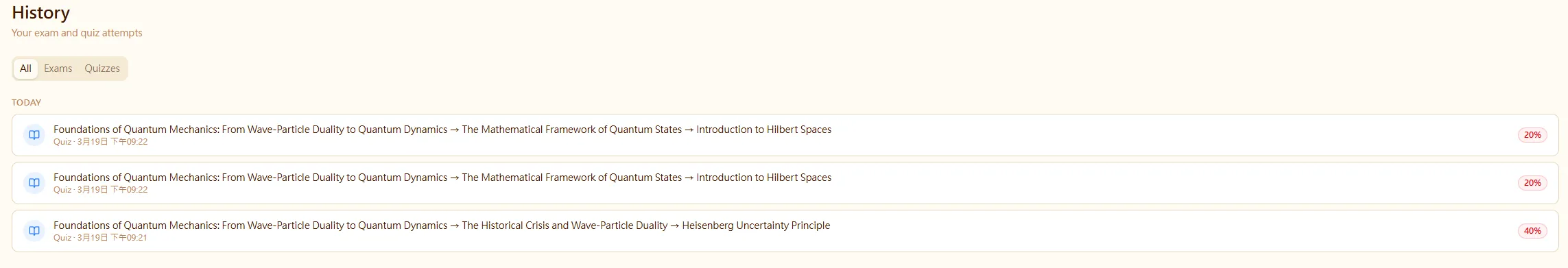 Quiz and exam score history